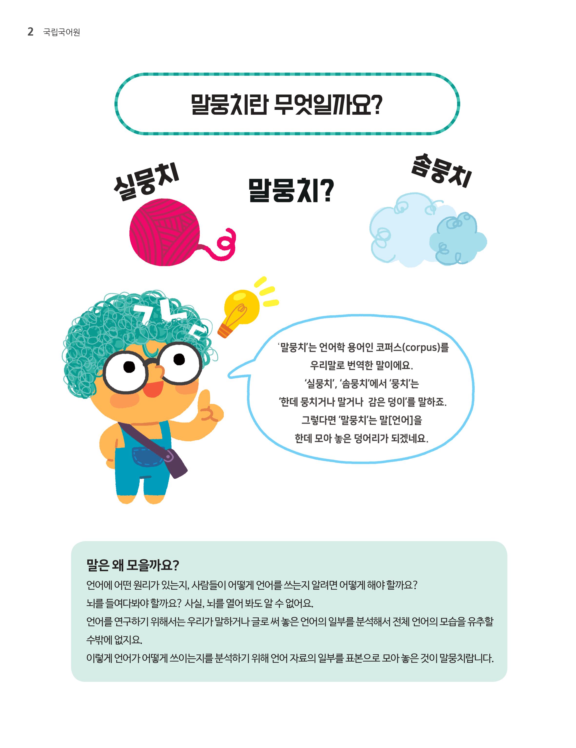 말뭉치란 무엇일까요?실물치 말뭉치? 솜뭉치 '말뭉치'는 언어학 용어인 코퍼스(corpus)를 우리말로 번역한 말이에요 '실뭉치','솜뭉치'에서 '뭉치'는 '한데 뭉치거나 말거나 감은 덩이'를 말하죠.그렇다면 '말뭉치'는 말[언어]을 한데 모아 놓은 덩어리가 되겠네요. 말은 왜 모을까요? 언어에 어떤 원리가 있는지, 사람들이 어떻게 언어를 쓰는지 알려면 어떻게 해야할까요? 뇌를 들여다봐야할까요? 사실, 뇌를 열어봐도 알 수 없어요. 언어를 연구하기 위해서는 우리가 말하거나 글로써 써놓은 일부를 분석해서 전체 언어의 모습을 유추할 수 밖에 없지요. 이렇게 언어가 어떻게 쓰이는지를 분석하기 위해 언어 자료의 일부를 표본으로 모아놓은 것이 말뭉치랍니다. 