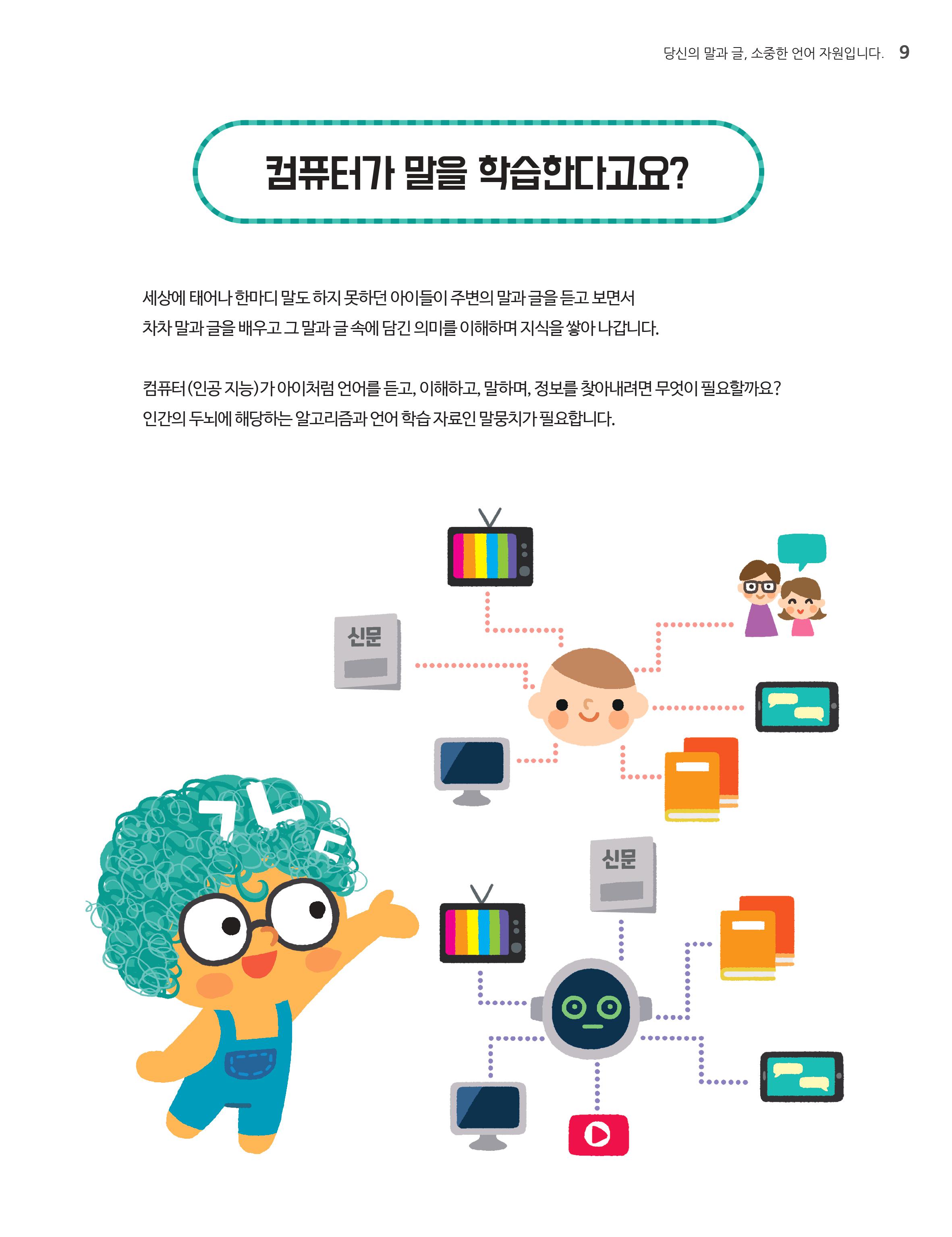 컴퓨터가 말을 학습한다고요? 세상에 태어나 한마디 말도 하지못하던 아이들이 주변의 말과 글을 듣고 보면서 차차 말과 글을 배우고 그말과 글속에 담긴 의미를 이해하면서 지식을 쌓아나갑니다. 컴퓨터 (인공지능)가 아이처럼 언어를 듣고 이해하고 말하며 정보를 찾아내려면 무엇이 필요할까요? 인간의 두뇌에 해당하는 알고리즘과 언어 학습 자료인 말뭉치가 필요합니다.